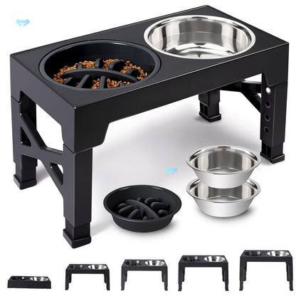 Adjustable Height Pet Feeding Bowl with Stainless Steel and Slow Feeder