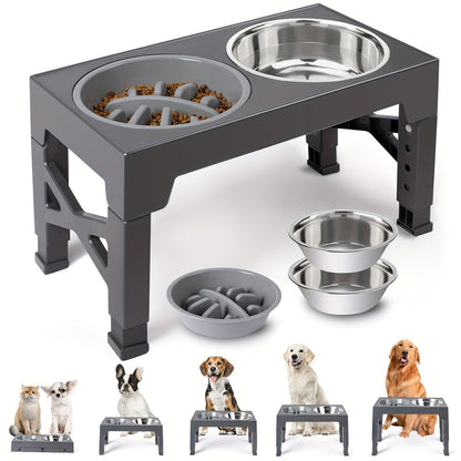 Adjustable Height Pet Feeding Bowl with Stainless Steel and Slow Feeder